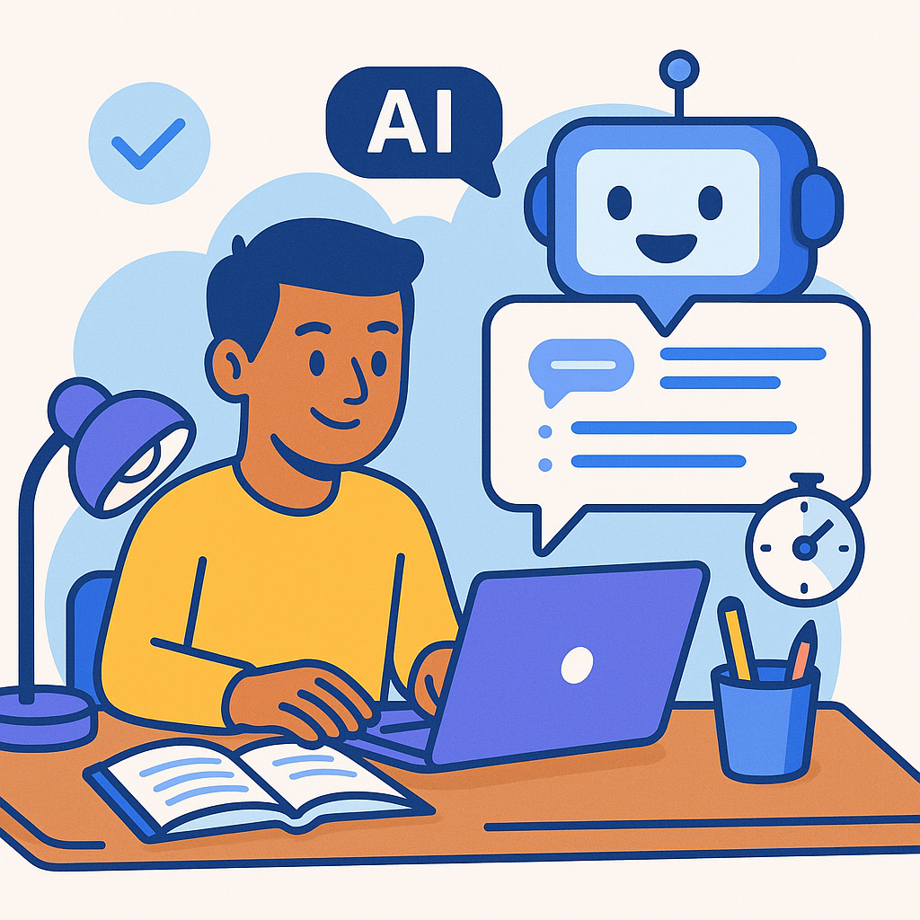 aktuelle Studie der IU Internationale Hochschule zeigt erstmals auf breiter Datenbasis, dass generative KI wie Large Language Models (LLMs) den Studienfortschritt signifikant beschleunigen kann Mann am Schreibtisch mit Laptop, der mit einem Chatbot über KI spricht. Edooly®